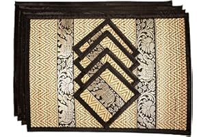 CCCOLLECTIONS Hand-Woven Wicker Reed Placemats and Coaster Set - Eco-Friendly Alternative to Plastic - Heat Resistant - Thai Style - Durable and Easy to Clean - Perfect for Dining Table Décor - Set of 4 (Medium Black)