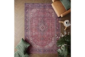 artyrugs Machine Washable Rug, 152x213cm, 75% Recycled Cotton, Short Pile, Non-Slip Backing, Non-Shedding, Suitable for Living Room, Bedroom, Kitchen, Hallway, Office, Aesthetic Crimson Red