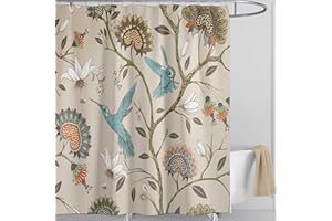 LIVETTY Off White Birds Floral Shower Curtain 180×180cm with 12 Hooks Mould Proof Floral Shower Curtain Fabric Bathroom Curtain Washable Quick-Drying