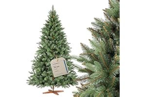 Albero FAIRYTREES Nordman Premium 180 cm, realizzato nell'UE. Albero di Natale artificiale formato da due materiali diversi, con supporto in frassino fatto a mano, tronco marrone.