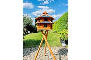 DARLUX Vogelvilla wetterfest von L bis XL Futterhaus Vogelhaus mit oder ohne Ständer in Braun mit Rot, Grün oder Blau für Garten und Balkon (Größe L mit Ständer, Blau - Braun)