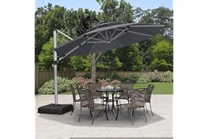 PURPLE LEAF 3.3 M Garden Cantilever Parasol with Led Solar Lights Bar, Large Round Overhanging Patio Umbrella with Crank Handle Garden Umbrella,Gray