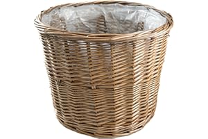 Arthur Cameron - Round Wicker Planter with Plastic Lining, Perfect for Indoor Plants & Flowers - Can also be used as a Waste Paper Bin/Bathroom Bin/Bedroom Bin (Small, Antique Wash)