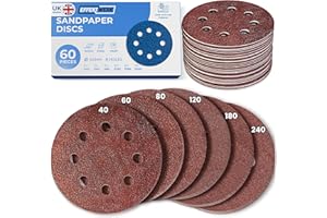 Effektwerk Sanding Discs (60 Pack, 8 Holes), 125mm Sandpaper for Random Orbital Sanders, Self-Adhesive w/Hook & Loop Closure, Fine & Coarse Grinding w/ 40/60/80/120/180/240 Grits (10 Pcs each)