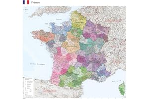 GeoMetro Carte administrative de la France en français de 100 x 100 cm, avec plastification sur les deux faces avec départements avec codes postaux