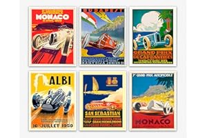 WallBuddy Set of 6 Car Racing Grand Prix Posters F Poster Formula Poster Car racing Print Motor Racing Poster 1930, 1936, 1937, 1952, 1966, 1970 (5 x 7)