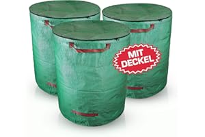 Bolson Set di 3 sacchi da giardino con coperchio richiudibili – 272L Sacco per rifiuti fondo extra rinforzato foglie autoportante e pieghevole 4 manici robusti fogliame