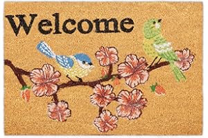 ‎RELAXDAYS Relaxdays Wycieraczka kokosowa, napis Welcome i motyw kwiatu wiśni, dywanik pod drzwi do wewnątrz i na zewnątrz, mata kokosowa 40 x 60 cm, naturalna