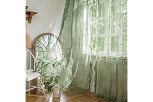 Sutuo Home Olive Green Lace Curtains 84 Inches Long 2 Set, Sheer Panels Rose Floral Embroidery Ruffled Vintage Window Treatment Pair for Nursery Bedroom Living Room, Rod Pocket, W57 x L84