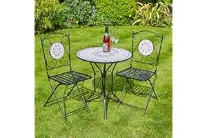 Home Source Mosaic Bistro Set Outdoor Patio Garden Furniture Table and 2 Chairs Metal Frame (Athens)