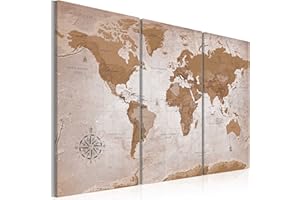 CUADROS B&D XXL murando - Cuadro en Lienzo Mapamundi 120x80 cm Impresión de 3 Piezas Material Tejido no Tejido Impresión Artística Imagen Gráfica Decoracion de Pared - Geografia Mapa del mundo k-A-0106-b-e