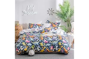 ‎FREYAMY Freyamy Kinderbettwäsche 100x135cm 2teilig Marineblau Cartoon Dinosaurier Kinder Wendebettwäsche Gebürstet Microfaser Weiche Jungen Bettwaren-Sets Bettbezug mit Reißverschluss und Kissenbezug 40x60cm