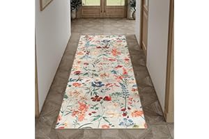 HUGEAR Dywan do przedpokoju, beżowy, zmywalny, kwiatowy, 60x180cm, antypoślizgowy, boho, naturalny, nowoczesny, długie dywany, chodniki, kuchnia, jadalnia, sypialnia, przy łóżku, do biura, dywan z