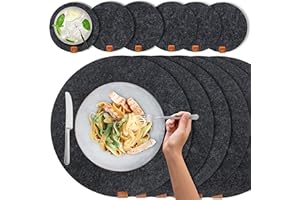 ‎MIQIO Miqio® Design Runde Tischsets aus Filz abwaschbar | Mit Marken Echtleder Label und Glasuntersetzer | 6 Platzsets 6 Untersetzer | Filzmatte Platzdeckchen waschbar