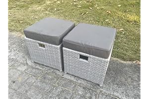 FMSGarden 2 Pcs Rattan Small Footstool Patio Wicker Seat Outdoor Footrest Garden Furniture Light Grey