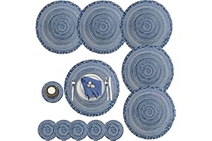 YORFULL 12Pcs Table Place Mats Set of 6, Coasters Set of 6,Round Braided Woven Placemats,38cm Table Mats, Non Slip Washable Place Mat Home Kitchen, Dining Table, Outdoor, Christmas Party