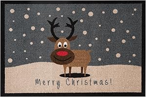 ‎HANSE HOME Hanse Home Fußmatte Weihnachten für Innen und Außen 40x60cm - Schmutzfangmatte Outdoor Türmatte Merry Christmas Rentier Waschbar & Wetterfest, rutschfest Eingangsbereich & Außenbereich – Grau Braun