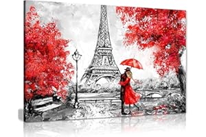 Peinture à l'huile de Paris - Motif de la Tour Eiffel et parapluie rouge - Toile de décoration murale, Red, A0 91x61cm (36x24in)