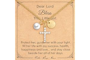 Miss Chipmunk Cross Pearl Initial Necklace for Girls,First Communion Baptism Confirmation 14K Gold Plated Little Girls Birthday Christmas Gifts for Teenage Daughter Best Friend