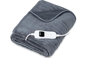 sinnlein® Koc grzewczy z pluszu, 180 x 130 cm, szary, certyfikat TÜV SÜD GS, elektryczny koc z automatycznym wyłączaniem, przytulny koc, funkcja timera, 9 poziomów temperatury, nadaje się do prania w temperaturze do 40°C, wyświetlacz cyfrowy