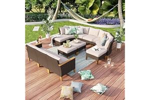 MFSTUDIO Garden Sofa Rattan Furniture Set, Updated Ribs, 20% Thicker than Others. CUSHION PRO FABRIC, Waterproof, Easy Clean, Anti Fouling. Outdoor Lounge Corner Sofa Set with Table Stool