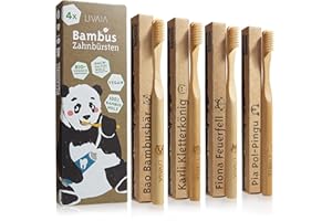 ‎LIVAIA Bambus Zahnbürsten: 4x Bambus Zahnbürste aus reinem Bambus Holz – Vegan, ohne BPA für sanfte Reinigung mit Zahnpasta – Weiche Zahnbürste Holz mit putzigen Tiermotiven auch für Kinder von LIVAIA