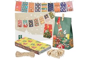 LIVAIA Calendario de Adviento DIY 2025 - Juego de Manualidades con Bolsas de Papel, Colgantes, Pinzas, y Cuerda de Yute - Calendario de Adviento para Rellenar Diseño Navideño - De Color 4 Motivos