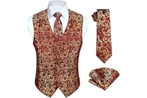 HISDERN Chaleco y corbata de jacquard floral paisley clasico para hombre y traje de chaleco cuadrado de bolsillo