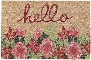Relaxdays Wycieraczka kokosowa, kwiaty i napis Hello, 40 x 60 cm, dywanik pod drzwi wewnątrz i na zewnątrz, antypoślizgowa, odporna na warunki atmosferyczne, kolorowa