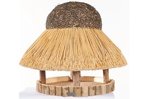 Hiss Reet® Bird Feeder House with Thatched Roof I Feeder House for Birds Made of Eucalyptus Wood I Sylt I Ideal for Balcony and Garden I Weatherproof (XL - Approx. 74 cm Eaves)