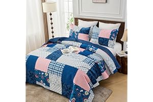 Simple&Opulence Quilted Patchwork Bedspread Double Size, Bed Throw 3 Piece Bedding Set Includes Coverlet with 2 Pillowcase, Floral Patchwork Quilted Throw(220x240cm,Pinkish Blue)