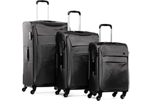 FERGÉ Kofferset 3-teilig Weichschale Calais Trolley-Set - Handgepäck 55 cm, L und XL 3er Set Stoffkoffer Roll-Koffer 4 Rollen Stretch-Flex schwarz