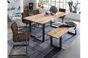 SAM 6 TLG. Essgruppe Quintus, Baumkantentisch 140x80 cm & -Bank 140x42 cm, Akazie-Holz naturfarben, Gestell schwarz, 4X Schwingstuhl Parzivo Wildleder-Optik