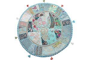 Stylo Culture Decorative Round Outdoor Floor Cushion Throw Pillow Cover Turquoise 80x80 cm Vintage Patchwork Boho Big Pillows 32 Inch Reading Corner Cotton Embroidered Couch Sitting Cover