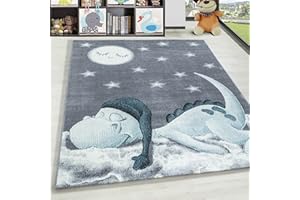 HomebyHome Tappeto per Bambini Tappeto Cameretta Bambino Disegno Dino Blu 80x150 cm - Tappeto Pelo Corto Tappeto Camera Ragazzo - Tappeto Camera dei bambini Sala giochi Tappeto Cameretta Bambina