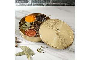 Ajuny Caja de Especias de Latón Masala Dabba 8 Pulgadas Dorada con Tapa Grabada – Bote Redondo Decorativo con 7 Recipientes Extraíbles y 1 Cuchara – Ideal para Especias y Hierbas