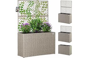 ‎CASARIA Casaria® Blumenkasten Rankgitter 3 Innentöpfe Polyrattangeflecht Rankhilfe Blumentopf Rattanoptik Pflanzkasten Creme