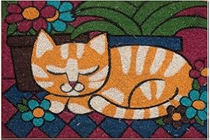 Baroni Home Zerbino da Esterno in Cocco Dipinto a mano con Base in PVC, Tappeto da Esterno Ultraresistente e Facile da Pulire, Gatto Arancione, 60x40 cm