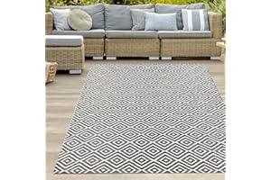 ‎TEPPICH-TRAUM Teppich-Traum Outdoor Teppich Kunststoff Camping Balkon Garten Terrasse wetterfest wasserfest wendbar Karo-Muster schwarz-weiß 120 x 170 cm