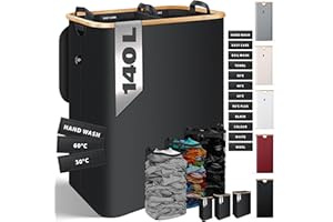 KESSER® Wäschekorb mit Deckel faltbar Wäschebox Wäschetruhe Wäschetonne | Wäschesammler mit herausnehmbaren Wäschesäcke | Laundry Baskets Wäschesortierter inkl. Waschhinweisen (Schwarz, 140 L)
