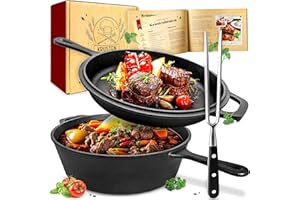 KRUSTENZAUBER Pentola in ghisa [con forchetta per carne] – robusta padella in ghisa da 26 cm – ideale come pentola a induzione in ghisa con coperchio adatto al forno, set per forno olandese, Kazan