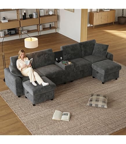 Canapé Modulaire 4 Places En U – Sièges Inclinables, Coussins Dossier – Gris – Salon & Détente