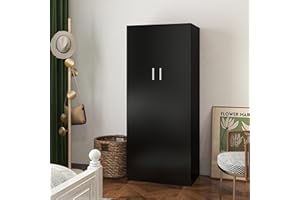 Panana Wooden 2 Door Wardrobe with Shelf and Hanging Rail Modern Clothes Storage Cupboards Unit for Bedroom Furniture W 72 x D 49 x H 169 cm (Black)