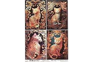Josys Bastelmärchen Reispapier A4 Strohseide Decoupage Katzen Patina Gold Blumenmuster RE1753