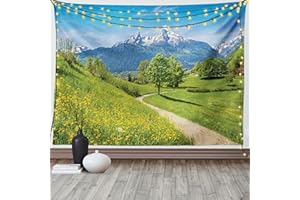 ABAKUHAUS Berg Wandteppich, Frühlingslandschaft in den Alpen, Wohnzimmer Schlafzimmer Heim Seidiges Satin Wandteppich, 200 x 150 cm, Blau Grün