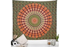RAJRANG BRINGING RAJASTHAN TO YOU Pfauen-Mandala-Wandteppich, Wandbehang, 228,6 x 274,3 cm, goldgrün, für Schlafzimmer und Wohnzimmer, Baumwoll-Wandteppiche