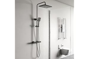 Duscharmatur Schwarz, YOOZENA Duschsystem mit Thermostat, 26x19cm Kopfbrause, Duschkopf mit Schlauch und Halterung, Regendusche mit armatur , Duschset Quadrat