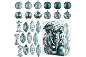 Prextex Peacock Green 24-częściowe nietłukące się bombki bożonarodzeniowe, idealne brokatowe bombki choinkowe, dekoracje świąteczne, wykwintne połączenie 8 bombek świątecznych i stylów kształtów