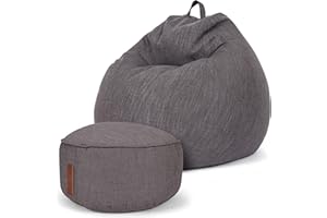 Green Bean© Juego: Puff para Interior + Taburete con Relleno de Perlas de EPS ǀ Cojín Puff Pera con reposapiés Asiento Pouf Muebles de salón