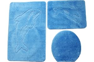 Ilkadim Delphin Badgarnitur 3 TLG. Set 55x85 cm einfarbig, WC Vorleger ohne Ausschnitt für Hänge-WC (hellblau)